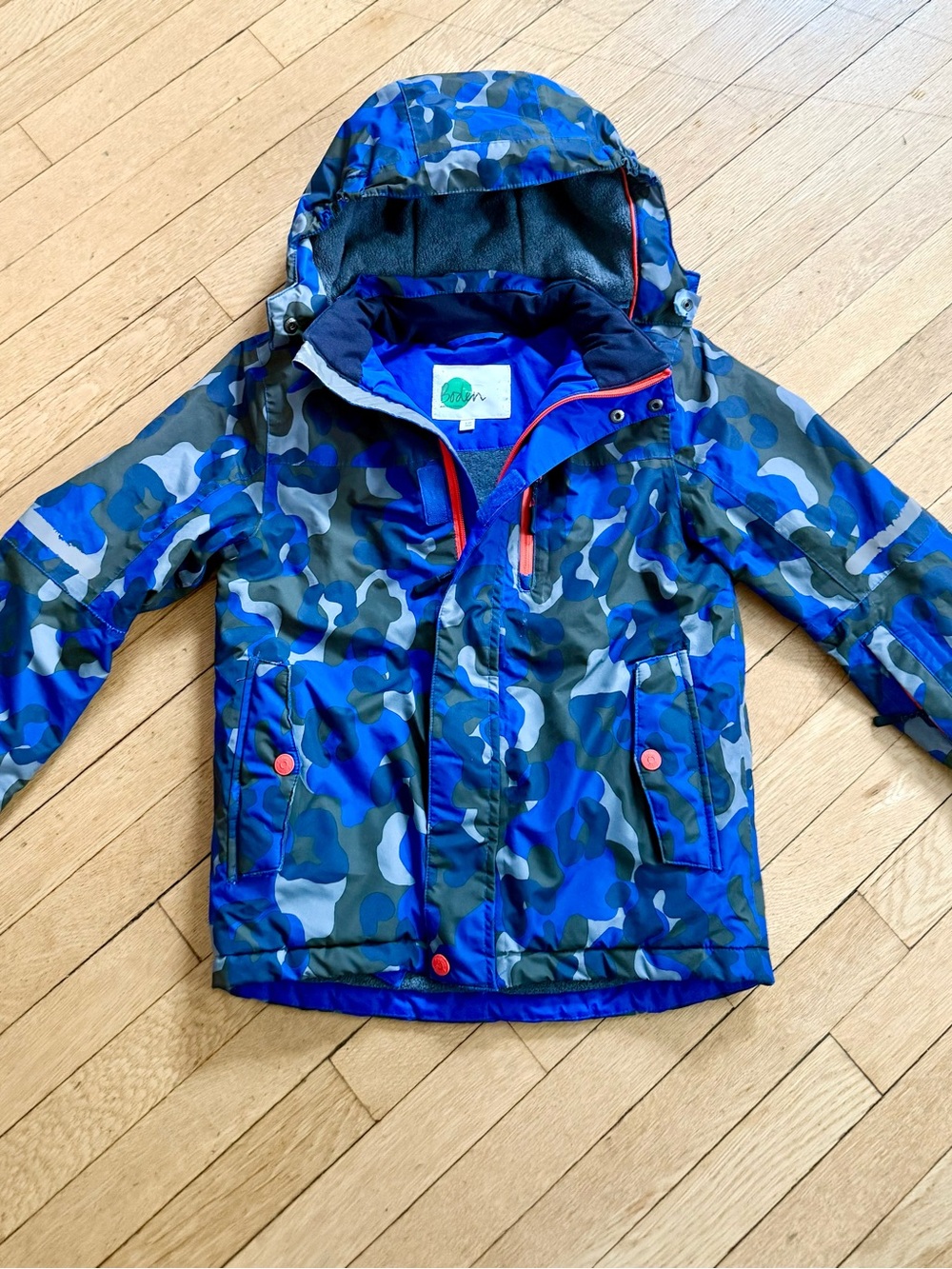 Mini Boden Blue Camo Hooded Puffer Ski Jacket Size 9-10 Boys